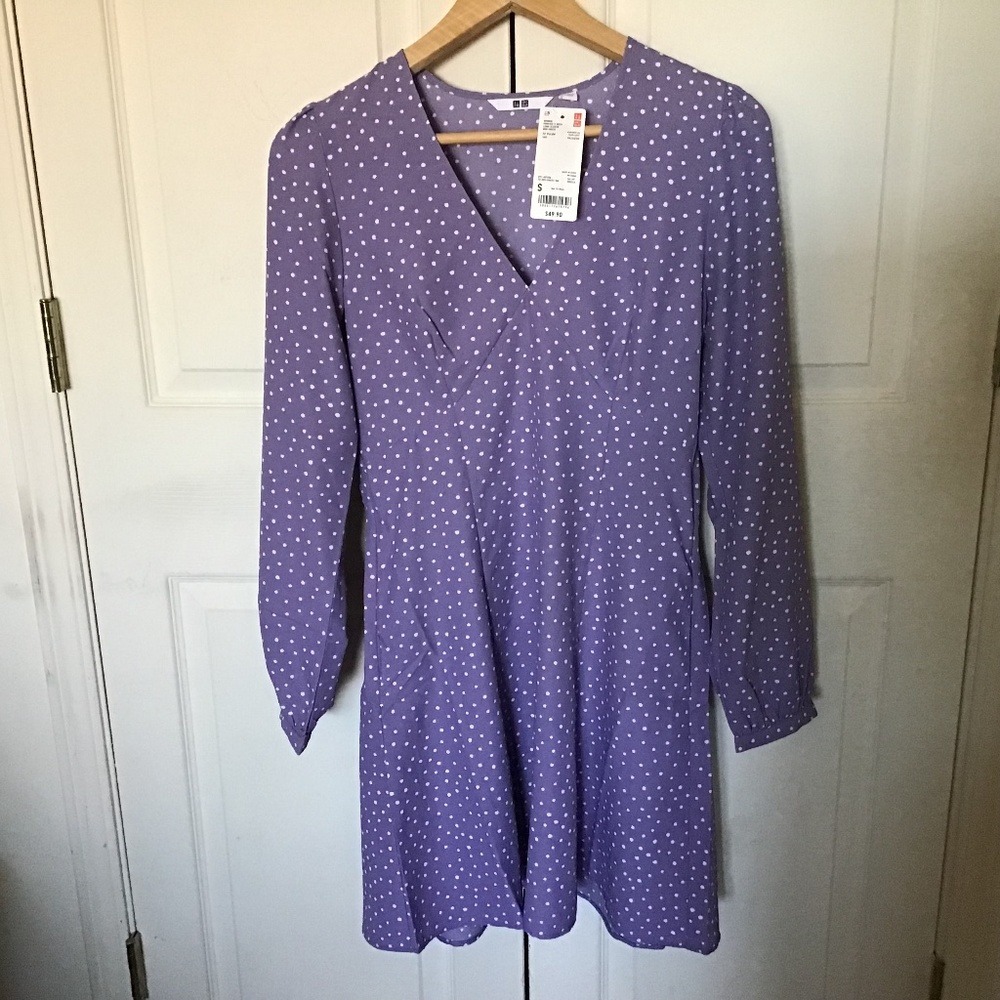 NWT UNIQLO Women polka dot Printed V-Neck Long-Sleeve Mini Dress Purple Size S